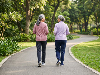 Fototapeta premium two retired indian women jogging in park for senior fitness healthy aging companionship and retirement wellness concept