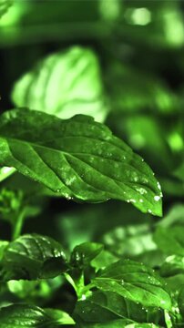 Drop of water fall on mint leaf. Filmed is slow motion 1000 fps. High quality FullHD footage