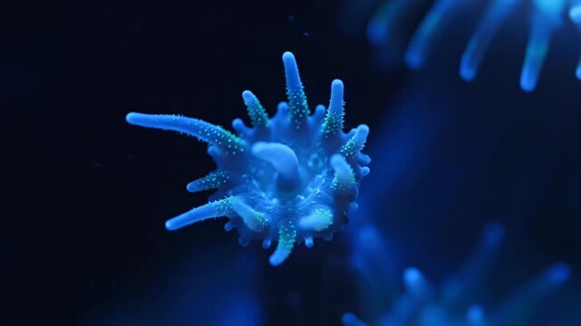 Vibrant glowing blue coral polyps moving underwater in a dark reef aquarium.