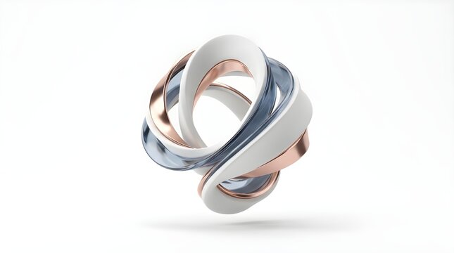 Futuristic Multi Material Abstract Infinite Mobius Loop Twisted Ring Dynamic White Ceramic Copper and Smoked Glass Torus Sculpture Floating on White Background Future Innovation Concept