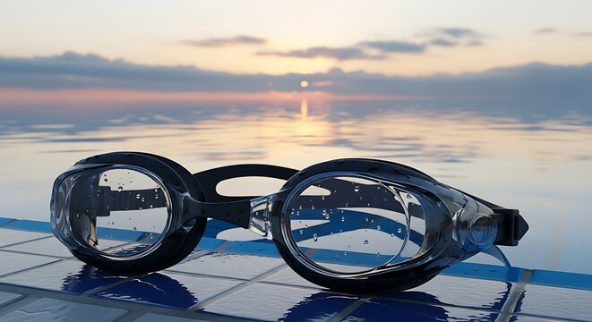 Black Swim Goggles Resting on Pool Edge at Calm Sunset