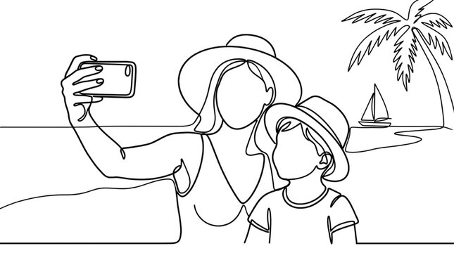 Travel Season Mother Taking Selfie with Child Line Art &ndash; Family Vacation Closeup Illustration