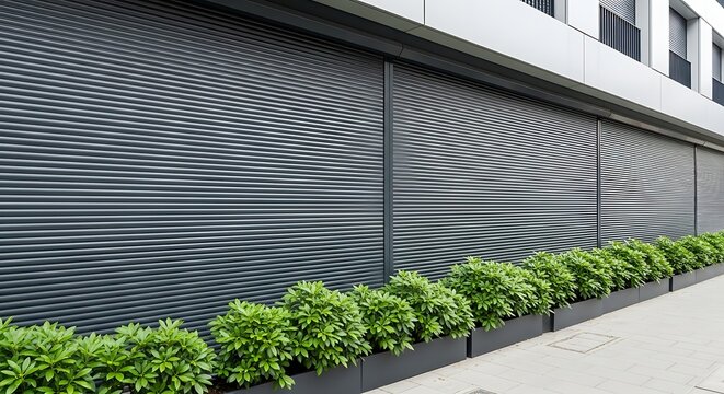Expansive modern building facade featuring continuous dark security shutters and green plants