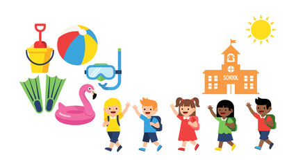 Summer Break Bliss: A vibrant illustration depicts children excitedly leaving school, ready to embrace the joys of summer vacation, surrounded by iconic beach and fun elements. © abidakhatun