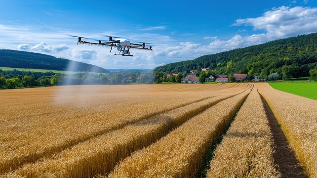 Automated drone flying over farmland, applying treatment to cultivate healthy harvest using innovative farming future methods