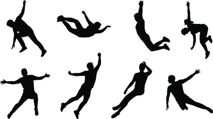 Action silhouettes of rock climbers in various poses, including bouldering, rappelling, and rope climbing, representing extreme sports and outdoor adventure. © Mst