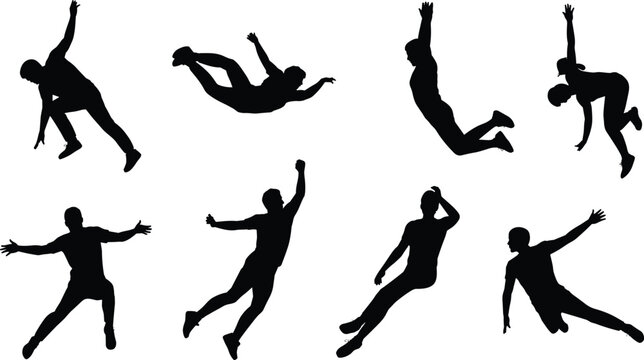 Action silhouettes of rock climbers in various poses, including bouldering, rappelling, and rope climbing, representing extreme sports and outdoor adventure.