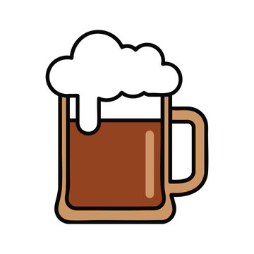 Cartoon style illustration of a glass mug filled with dark beer and thick foam.