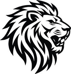 Aggressive roaring lion head vector illustration, black and white mascot logo design of wild animal face with detailed mane. © Mst