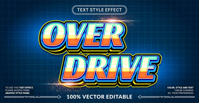 Editable &ldquo;Overdrive&rdquo; text effect with bold retro racing style, vibrant gradient colors, neon outlines, and strong 3D depth. Perfect for gaming, automotive, and speed themes.