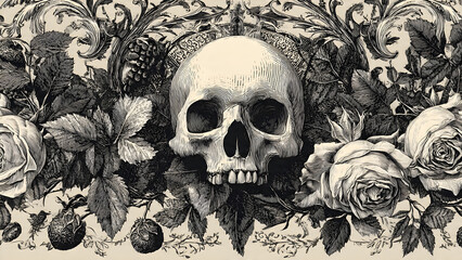 Fototapeta premium Memento Mori A Macabre and Beautiful Illustration of a Human Skull Adorned with Roses and Berries