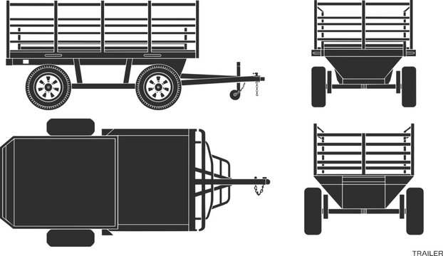 Agricultural farm trailer silhouette set, side top and rear view, heavy duty harvest wagon vector collection, isolated illustration.