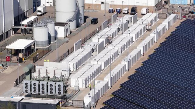 Drone view of large-scale battery farm project at Maxima power plant in Lelystad, supporting renewable energy storage and grid flexibility.