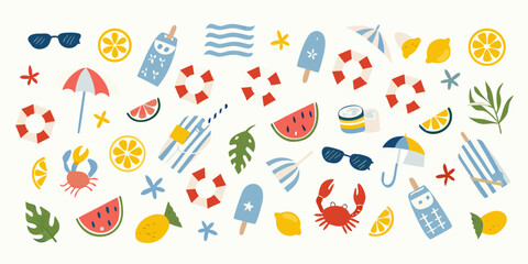 summer beach elements illustration with crabs watermelon and sunshades © Ripa