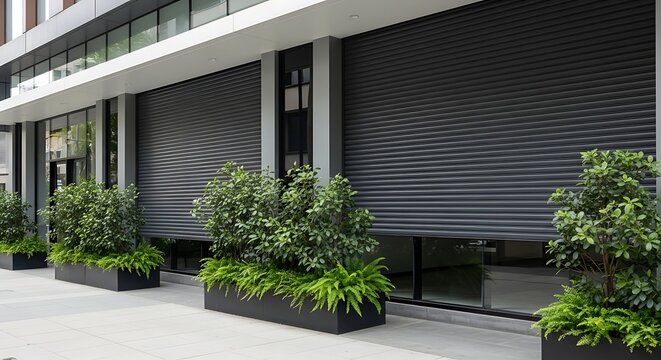Professional urban building exterior with dark security shutters and vibrant green plants