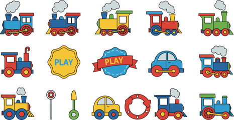 Cute Toy Train and Railway Cartoon Vector Illustration Set Isolated on White Background © Afjal12