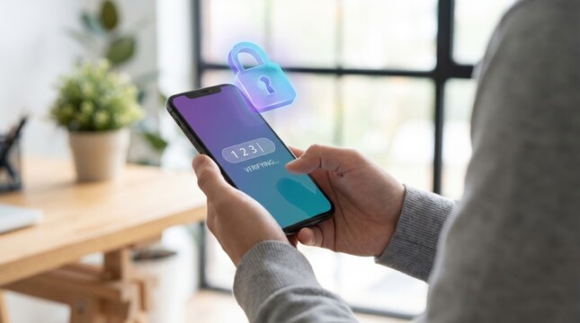 Person Holding Smartphone with OTP Verification Interface and Glowing 3D Digital Lock Icon