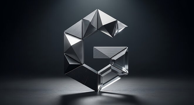 Reflective Geometric Letter G Floating in Dark Studio Setting