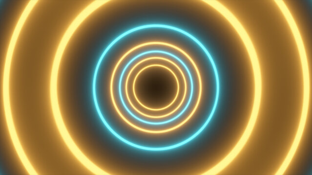 Glowing cyan and golden concentric neon rings forming a futuristic tunnel, abstract geometric background with soft blur, symmetry, and depth