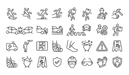 Fototapeta premium Accidents line editable stroke icon set injury safety vector