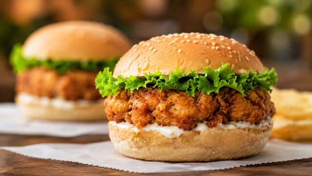Appetizing crispy fried chicken sandwich with fresh lettuce and creamy sauce on a sesame bun, styled on a rustic table with chips and soft bokeh for menu design and food ads.