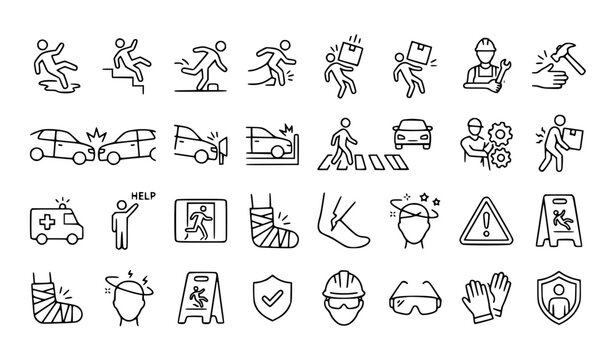Accidents line editable stroke icon set injury safety vector