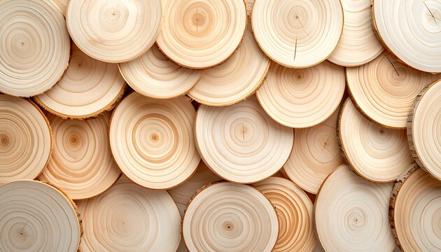 Close-up view of a rustic background created from sliced wooden logs, showcasing natural wood grain patterns and textures