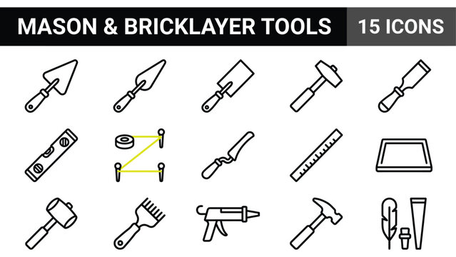 Mason and bricklayer tools icon set, 15 construction equipment vector line icons, professional masonry work symbols