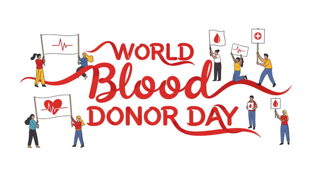 World Blood Donor Day Celebration: A vibrant illustration depicting people holding signs with heart and blood drop symbols to celebrate World Blood Donor Day, promoting the act of donating blood.