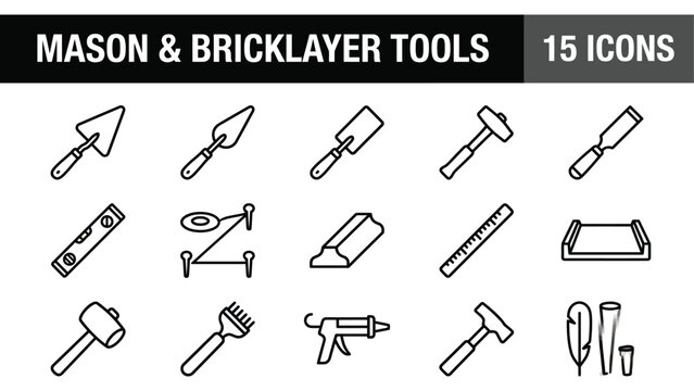 Mason and bricklayer tools icon set, 15 professional construction equipment line vectors, masonry building tool icons