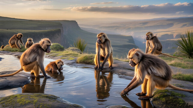 AI-generated illustration of gelada monkeys gathered at a reflective mountain waterhole in Ethiopia, Africa