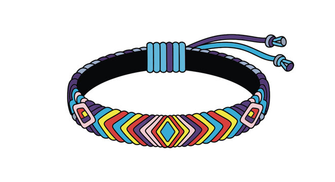 Vector illustration of colorful handmade braided friendship bracelets featuring intricate geometric patterns, knot details, and hanging tassels isolated on a white background.