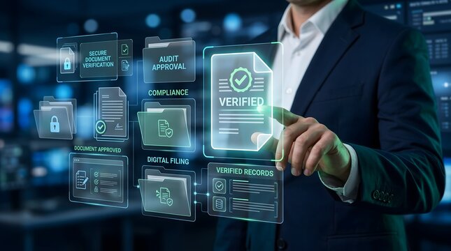 Businessman Interacting with Cyber Security Compliance and Audit Approval Screen