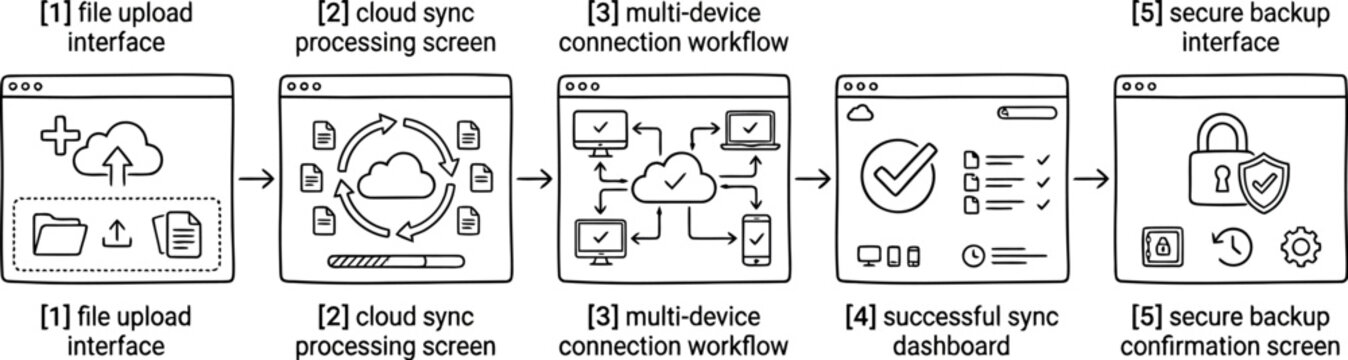 hand drawn cloud migration workflow illustration with file upload cloud synchronization multi device access account management and backup recovery sketch concept