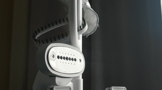 A close-up of a vertical garment steamer nozzle mounted on a stand with a brush attachment. White steam disperses into the air against a dark background during device operation.