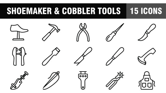 Shoemaker and cobbler tools, 15 icons set of footwear repair equipment, leather craft workshop vector line art