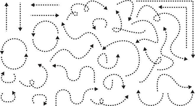Dotted arrow lines vector collection. Curved dashed pointer elements. Navigation track signs