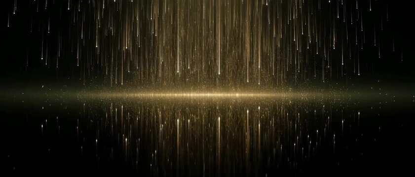 Generative AI, Abstract gold particles falling down vertically with mirror reflection on horizontal center line, dark background loop