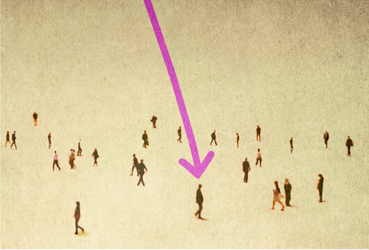 Illustration of arrow pointing at person in crowd