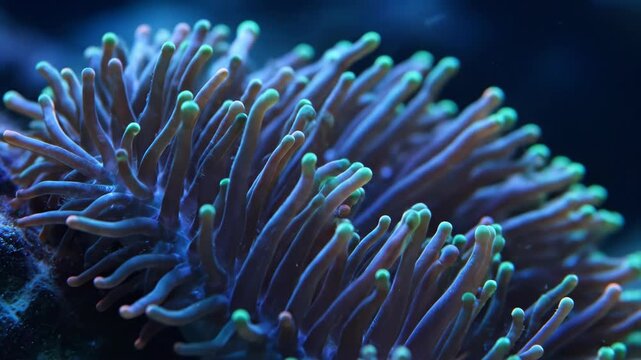Close up of a colorful coral polyp swaying gently with glowing green tips in deep blue ocean water