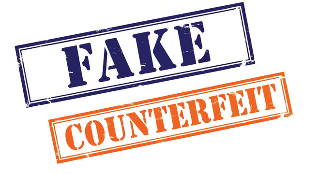 Close-up of a counterfeit and fake stamp with bold text indicating false and imitation products or documents