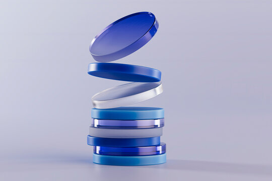 Blue glass circles falling on each other abstract background