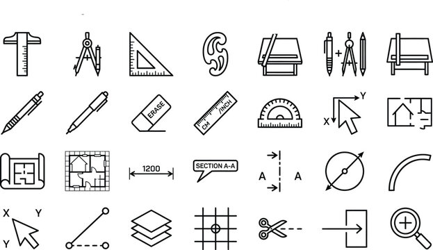 Drafting tools, architecture icons, engineering symbols, 40 line icons, design elements