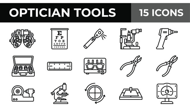 Optician tools icon set with 15 line icons. Ophthalmology equipment collection. Eye care and vision testing symbols.