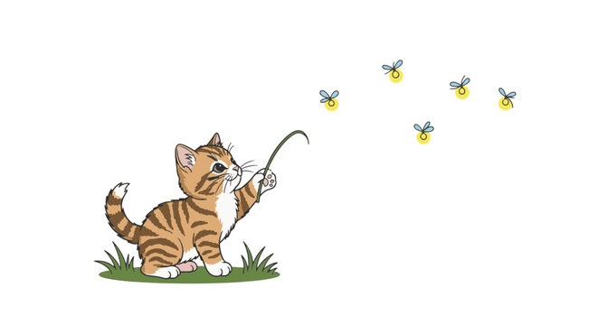Vector illustration of a small ginger kitten jumping to catch glowing yellow fireflies in a dark night meadow under a starry sky with a large bright moon and tall grass.