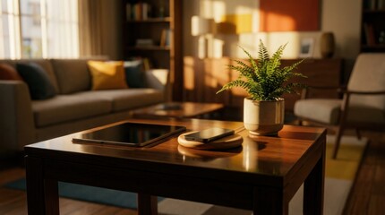 Fototapeta premium A sunlit wooden coffee table holds a smartphone on a charger beside a small green potted houseplant.
