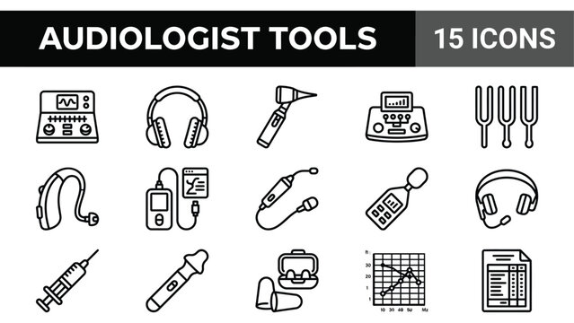 Audiologist tools icon set, 15 hearing health line icons, medical ear care equipment, professional audiology symbols