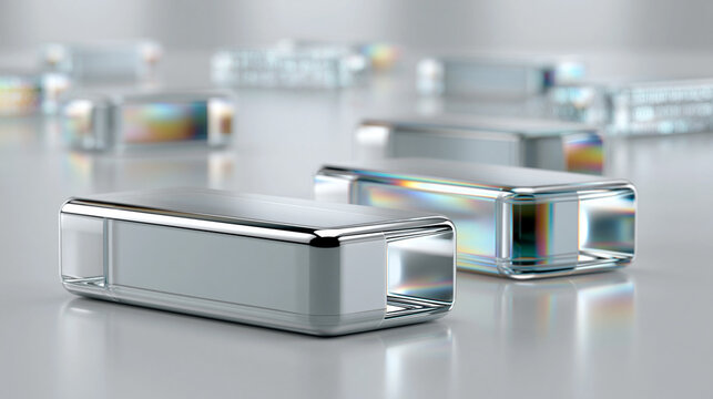 Iridescent Prism Flow: Futuristic 3D glass prisms casting soft spectrum colors across a clean grey floor, a subtle holographic typography overlay showing random data bytes