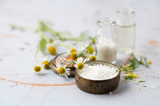 Chamomile flowers and globules