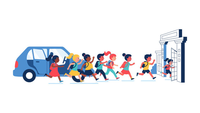 Children Rush to School: A group of diverse children, backpacks ready, dash from a car towards their school entrance, eager to start their day.